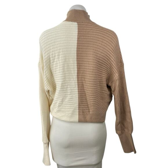 Express Brown Cream Colorblock Turtleneck Long Sleeve Crop Wrap Sweater Top Sz S - Picture 3 of 5